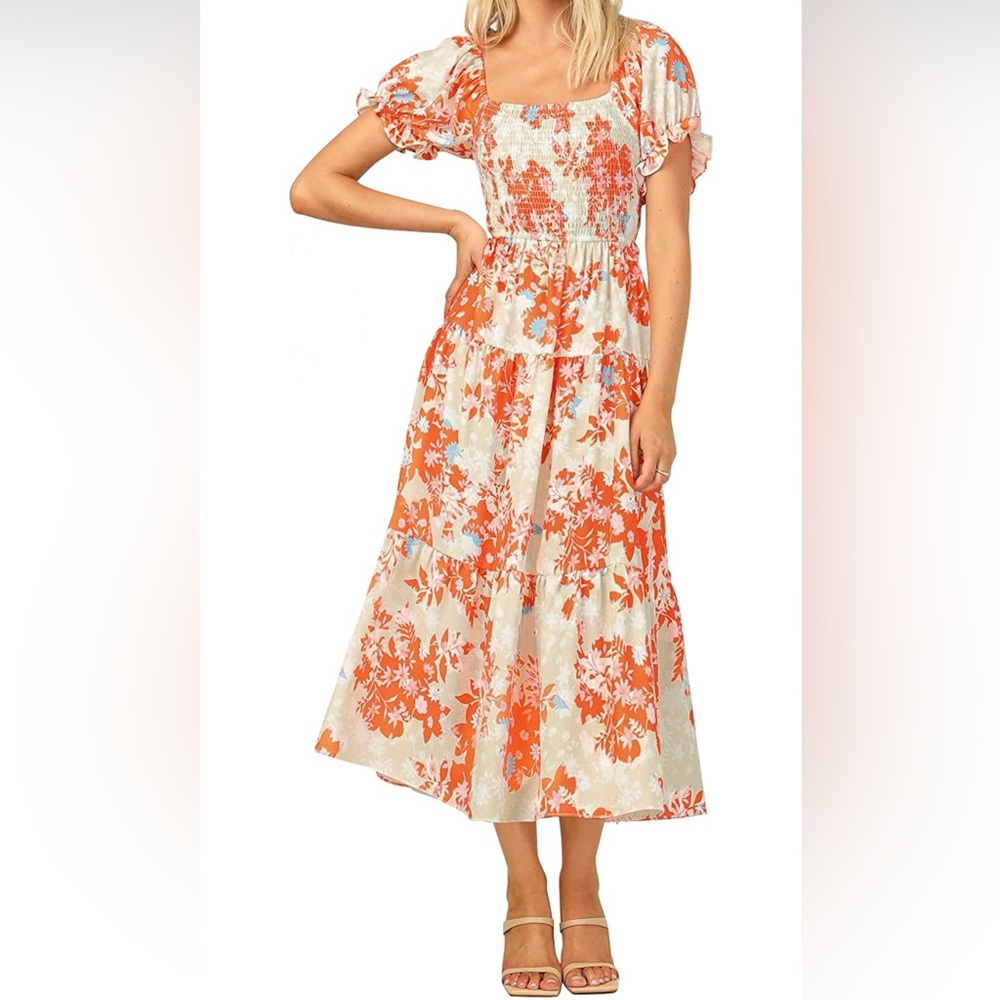 NWT Boho Floral Print Square Neck Ruffle Swing Beach Long Maxi Dress